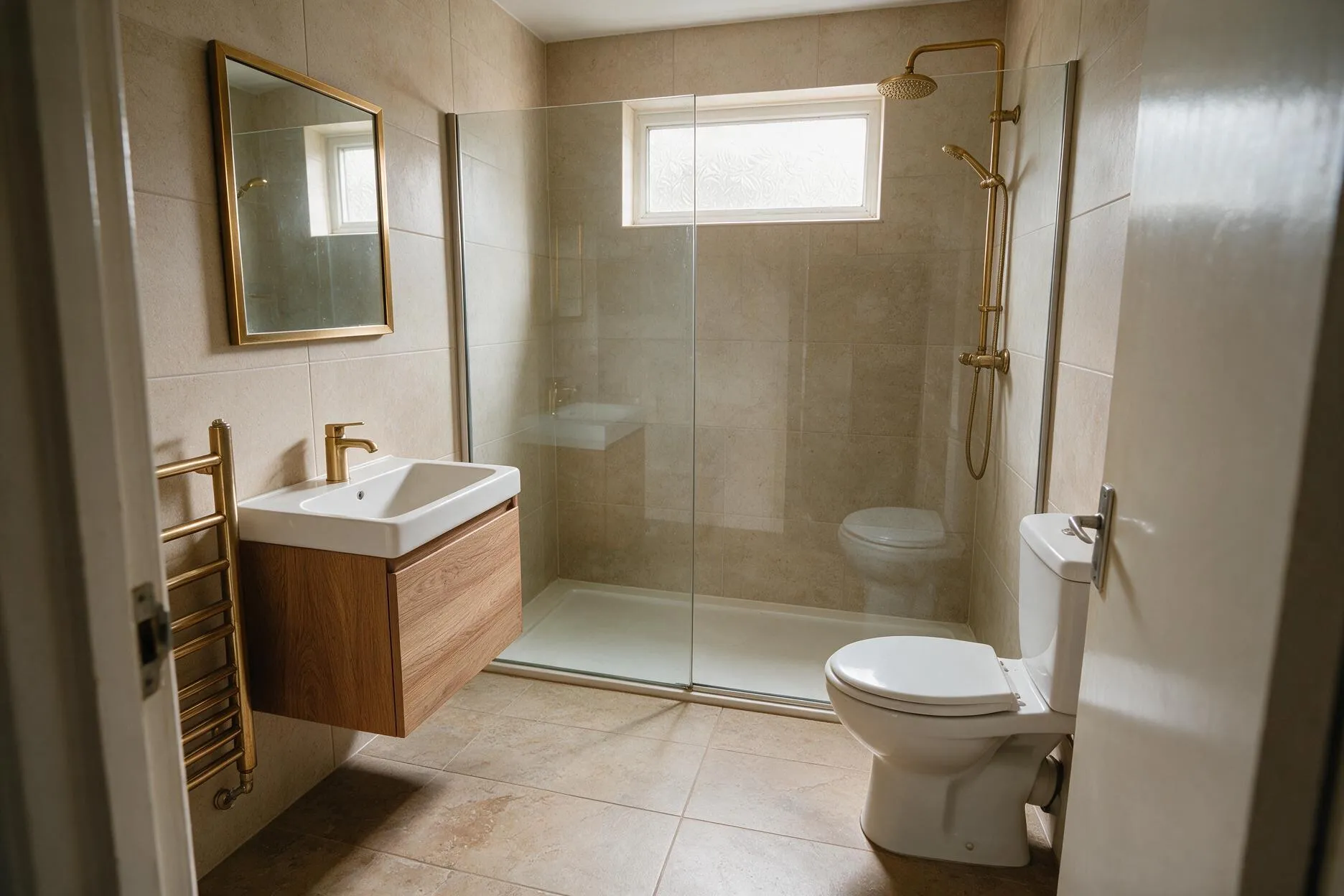 The same bathroom after the fit: a walk-in shower, oak-effect vanity and full-height porcelain tiling