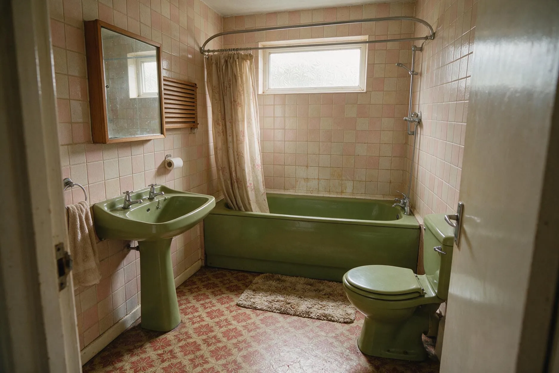 The same bathroom before the fit: a 1970s avocado suite with pink wall tiles