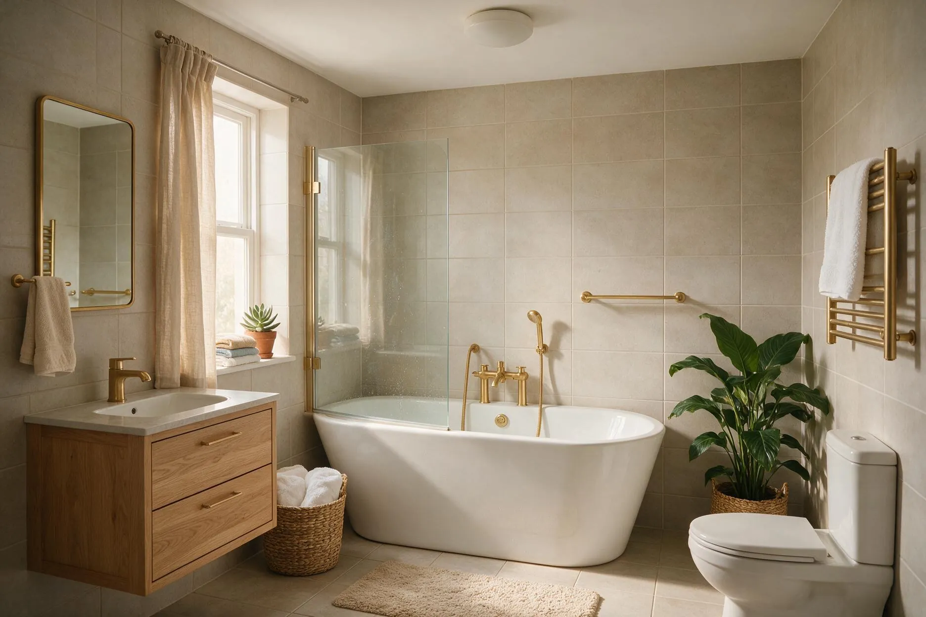 A finished family bathroom with a bath, glass screen and oak-effect vanity unit