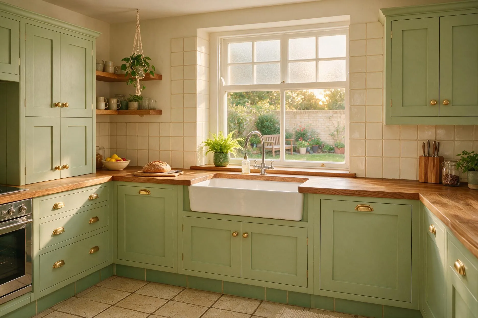 A fitted sage-green shaker kitchen with wooden worktops