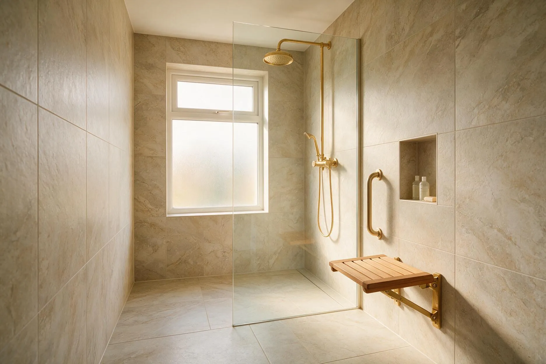 A level-access walk-in wet room with a large porcelain-tiled shower area